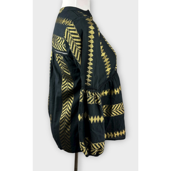 Kasia Blouse Black & Gold Balloon Sleeve Boho Geometric Babydoll Top Size Small - Picture 9 of 13